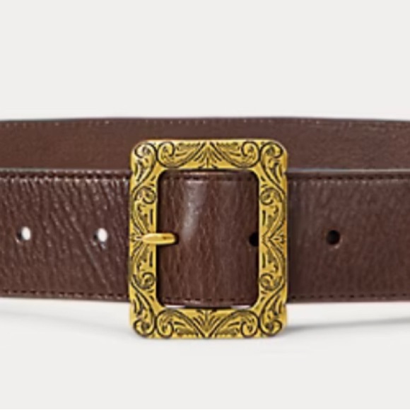 Lauren Ralph Lauren Tumbled Leather Dark Brown Belt with Gold Buckle - Picture 1 of 4